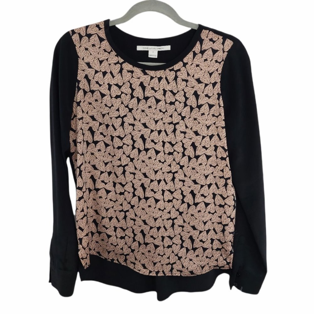 Diane von Furstenberg Louisa Heart Printed Silk Top Blouse Women's Size 2